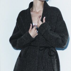 Zara Wool Belted Knit Cardigan coat Size L Dark Grey